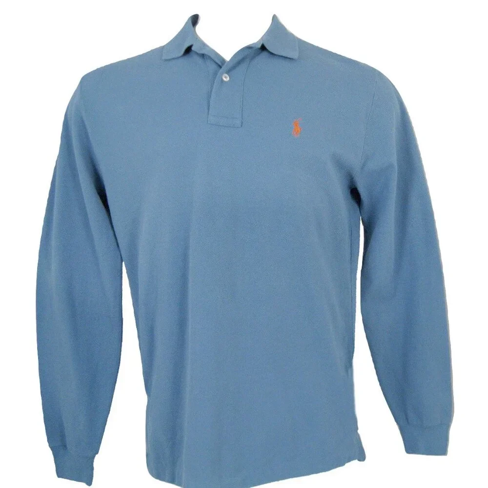 NEW! Polo Ralph Lauren Long Sleeve Polo Shirt! S Blue Orange Player Cotton Pique
